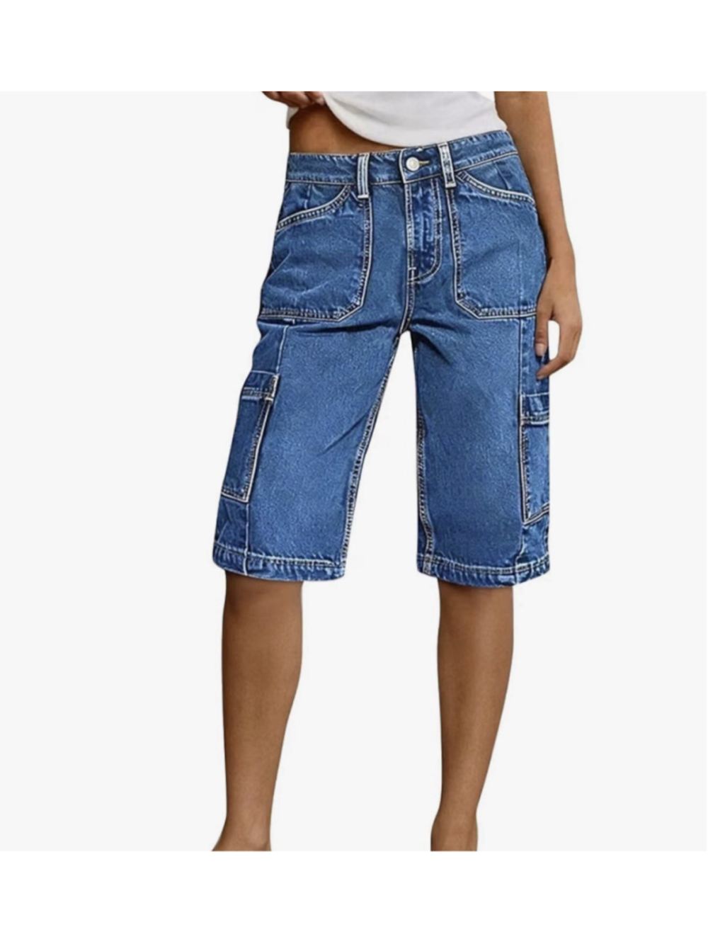 Flamingals Mid Waist Denim Bermuda Wash Pocket Side Knee Shorts L